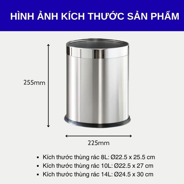 Kích thước thùng rác inox tròn 2 lớp không nắp