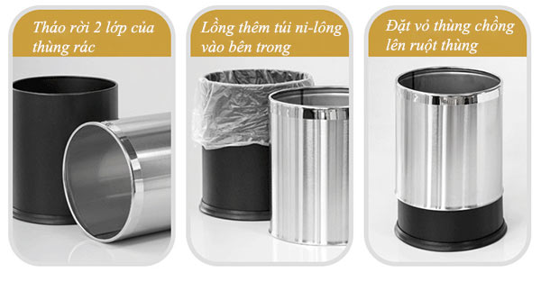 Kết cấu 2 lớp của thùng rác inox không nắp