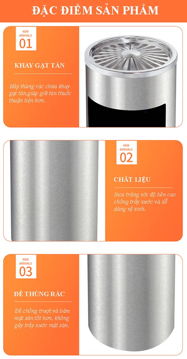 Đặc điểm cấu tạo thùng rác inox tròn gạt tàn thuốc lá