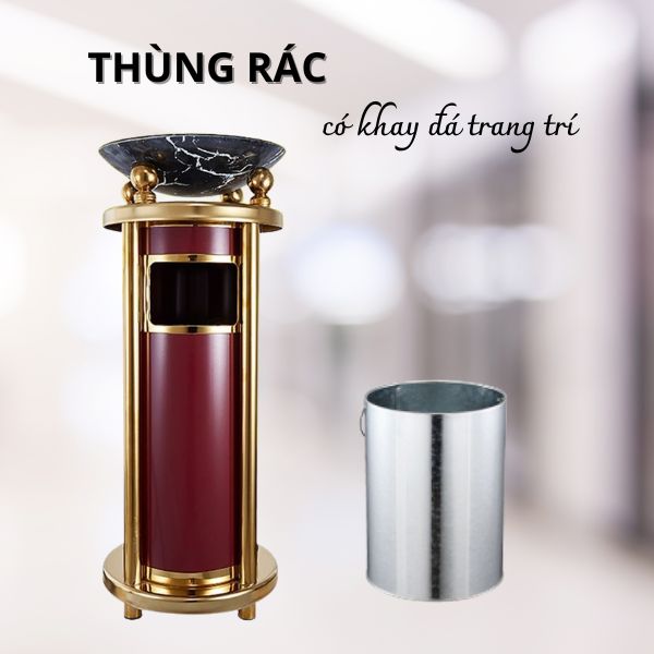 Mẫu thùng rác trang trí bằng inox mạ vàng kết hợp khay thủy tinh