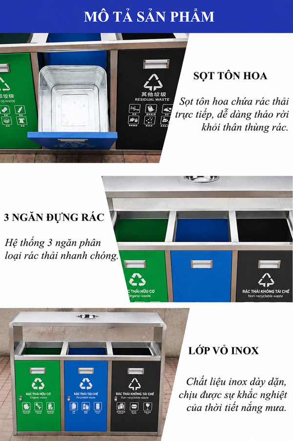 Thùng rác ngoài trời 3 ngăn có mái che inox
