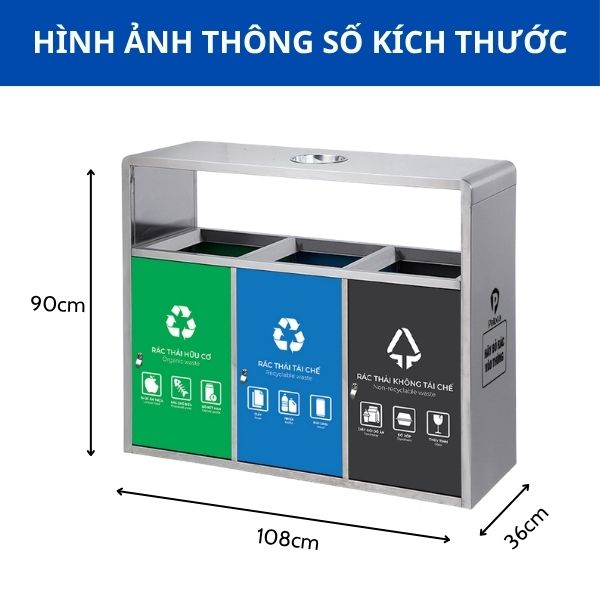 Thùng rác ngoài trời 3 ngăn có mái che inox