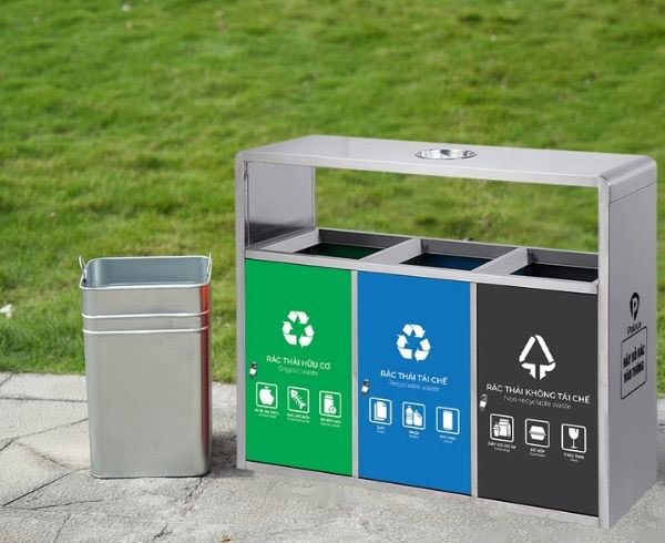 Thùng rác ngoài trời 3 ngăn có mái che inox