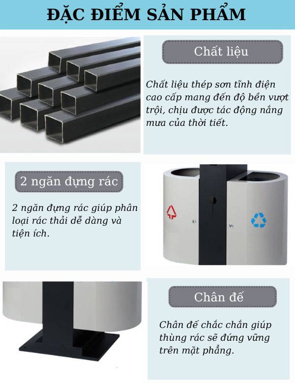Chi tiết cấu tạo từng bộ phận của mẫu thùng chứa rác ngoài trời