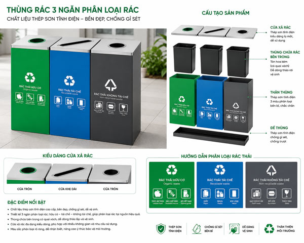 Thùng phân loại rác thải 3 ngăn