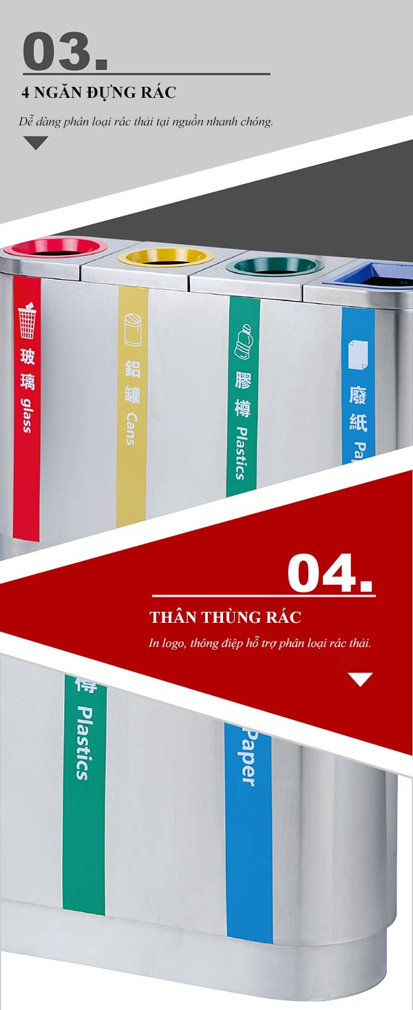 Tham khảo đặc điểm thiết kế thùng rác inox loại 4 ngăn