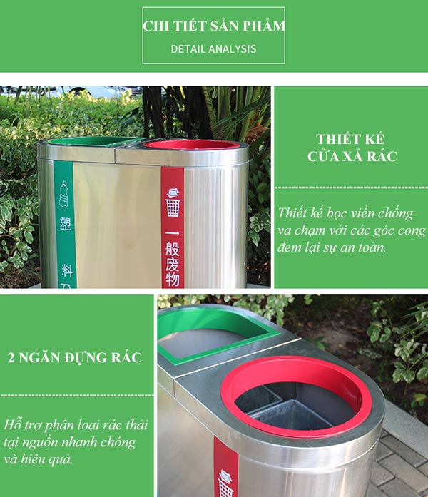 Đặc điểm thiết kế thùng rác inox 2 ngăn: Vô cùng tiện lợi