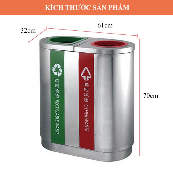 Kích thước thùng rác đôi phân loại rác bằng inox