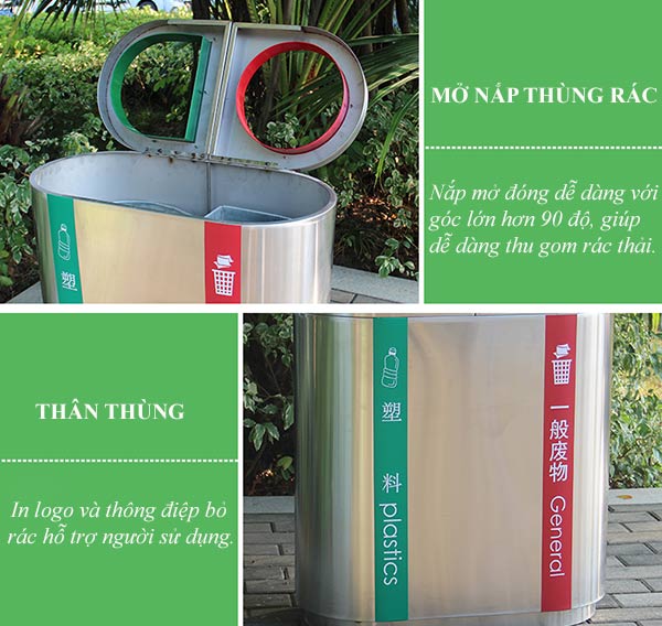 Đặc điểm thiết kế thùng rác inox 2 ngăn: Vô cùng tiện lợi