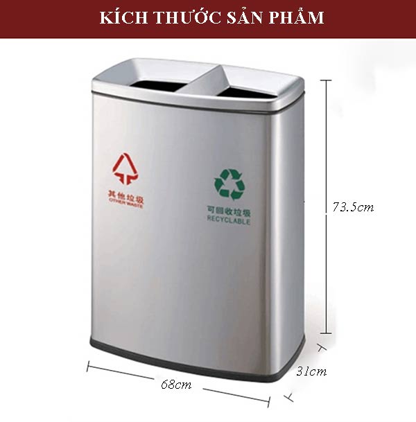 Chi tiết kích thước thùng rác ngoài trời loại 2 ngăn