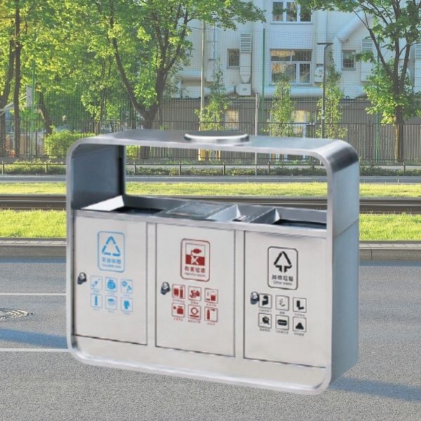 Mẫu thùng rác inox trắng tuyền 3 ngăn có gạt tàn