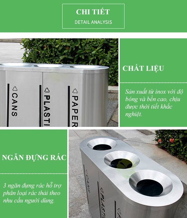 Chi tiết đặc điểm từng bộ phận thùng phân loại rác 3 ngăn