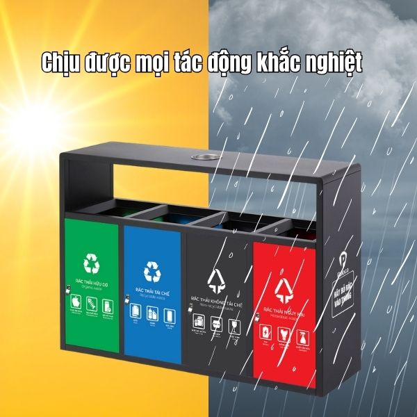 Thùng rác 4 ngăn ngoài trời có gạt tàn bằng thép