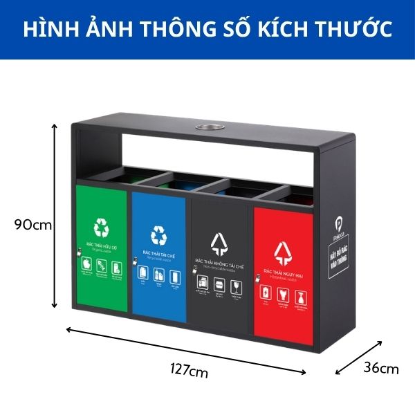 Thùng rác 4 ngăn ngoài trời có gạt tàn bằng thép