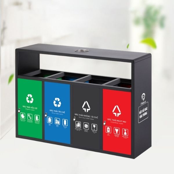 Thùng rác 4 ngăn ngoài trời có gạt tàn bằng thép