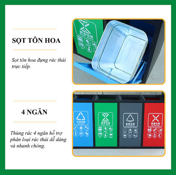 Thùng rác 4 ngăn ngoài trời có gạt tàn bằng thép