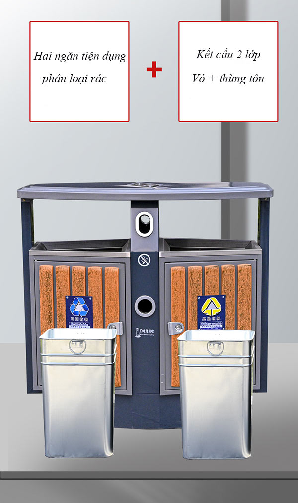 Thùng rác kết cấu 2 lớp: Vỏ ngoài và thùng đựng rác bên trong