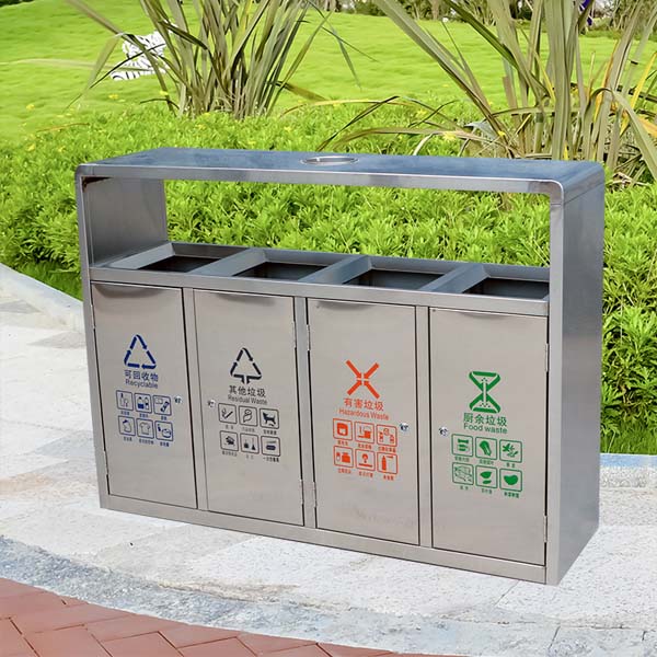 Mẫu thùng rác inox 4 ngăn trắng tuyền