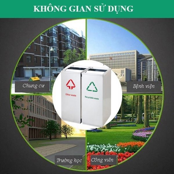 Thùng rác inox đôi nắp bập bênh bền bỉ phù hợp nhiều không gian