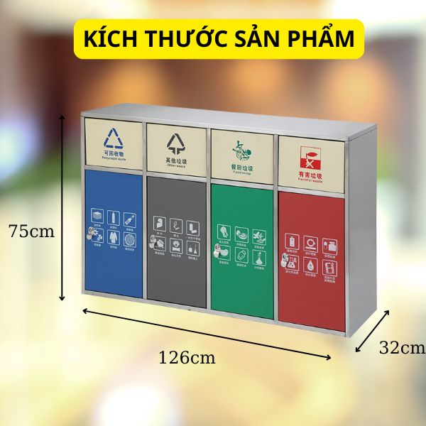 Kích thước thùng rác inox 3 ngăn cửa đẩy