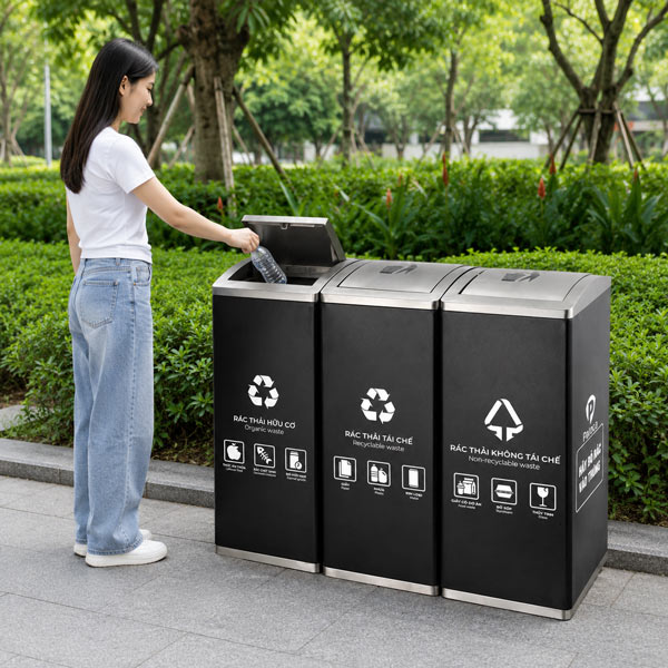 Thùng rác nắp lật 3 ngăn ngoài trời