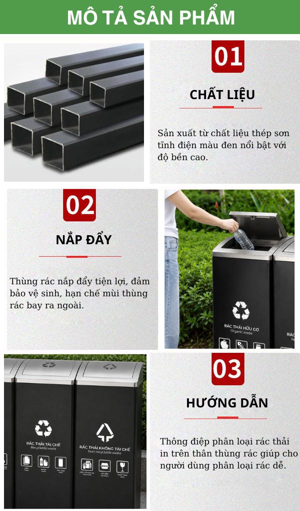 Thùng rác nắp lật 3 ngăn ngoài trời