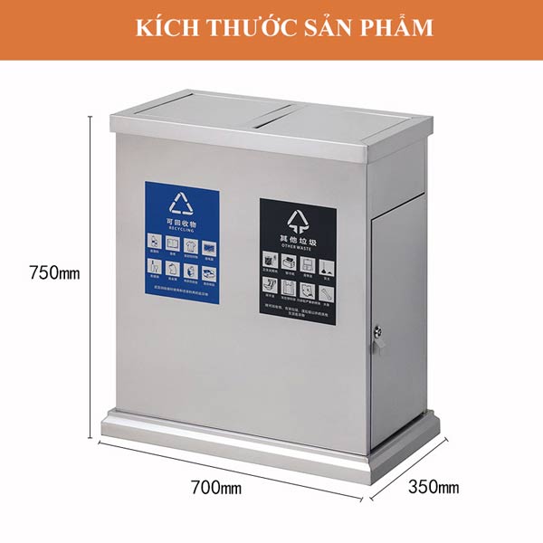 Kích thước thùng rác inox đôi nắp lật phân loại rác