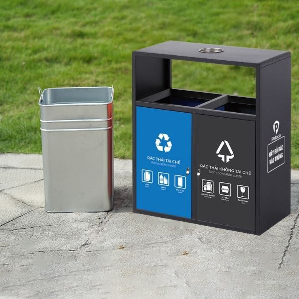 Thùng rác ngoài trời 2 ngăn bằng thép