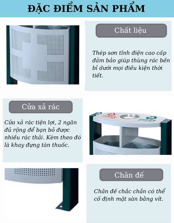 Các chi tiết trên thùng đựng rác ngoài trời rất chỉn chu