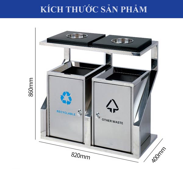 Kích thước thùng rác 2 ngăn đặt công viên bằng inox
