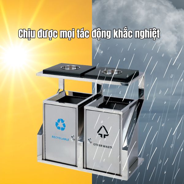 Thùng rác inox 2 ngăn chịu được mọi thời tiết nắng mưa