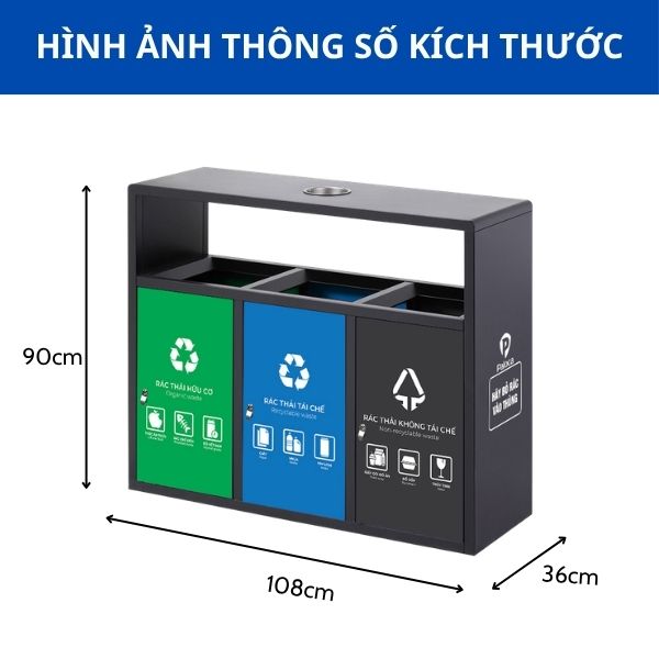 Thùng rác ngoài trời 3 ngăn có mái che bằng thép