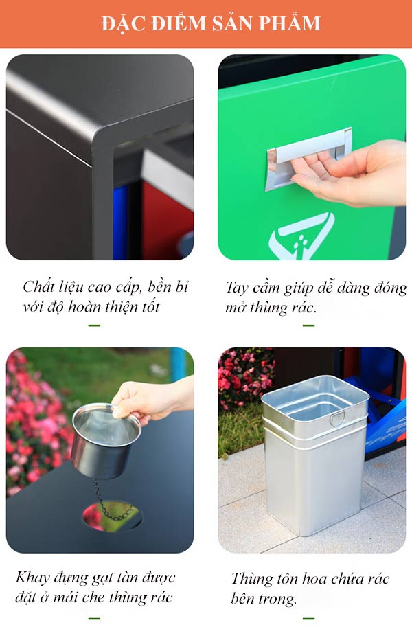 Thùng rác ngoài trời 3 ngăn có mái che bằng thép
