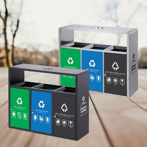 Hành Tinh Xanh sẵn kho thùng rác 3 ngăn inox và thép