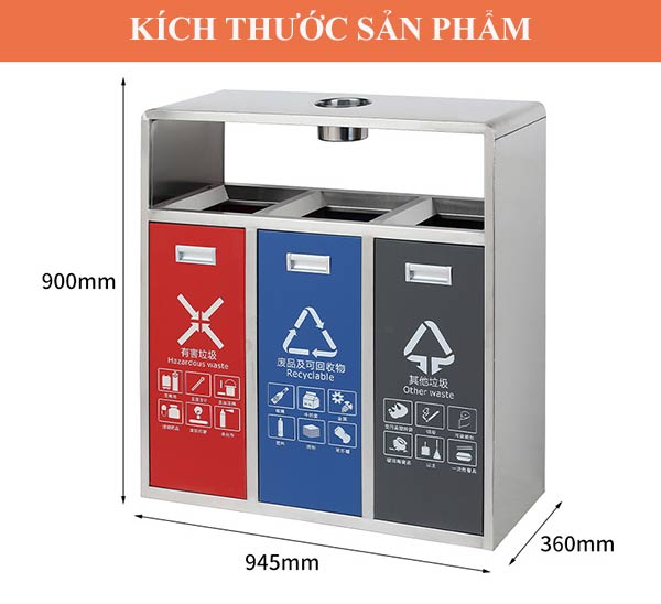 Chi tiết kích thước thùng rác 3 ngăn