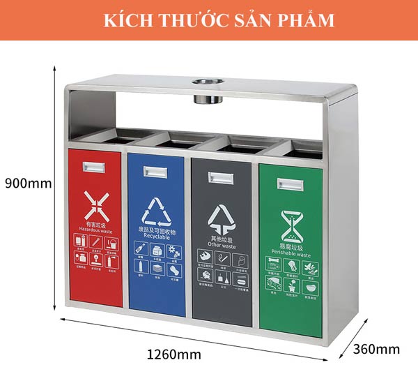 Kích thước thùng phân loại rác 4 ngăn