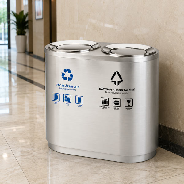 Thùng rác 2 ngăn inox dùng được cả ở sảnh, hay ngoài trời
