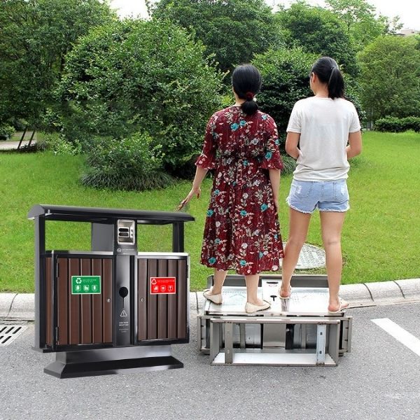 Thùng rác thép sơn giả gỗ hai ngăn
