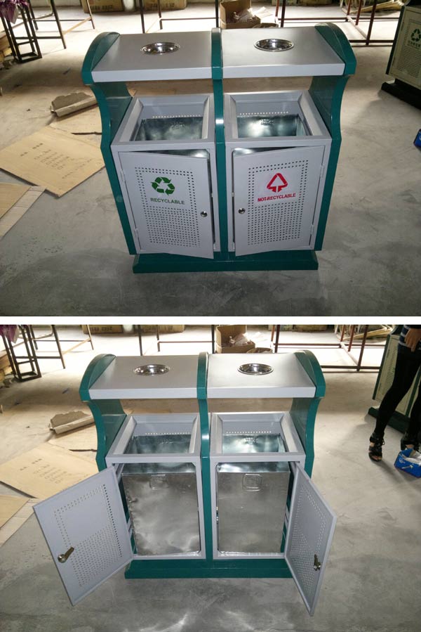 Hình ảnh thùng rác thép sơn tĩnh điện đôi được lắp đặt tại kho Hành Tinh Xanh