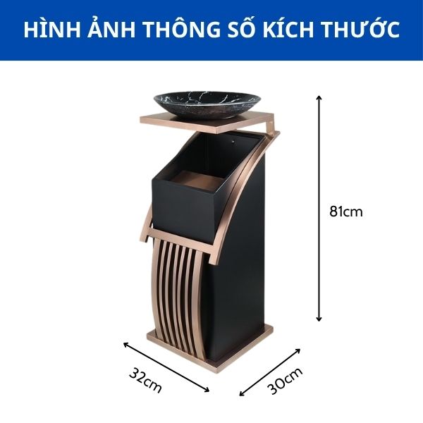 Chi tiết kích thước thùng rác có khay thủy tinh trang trí