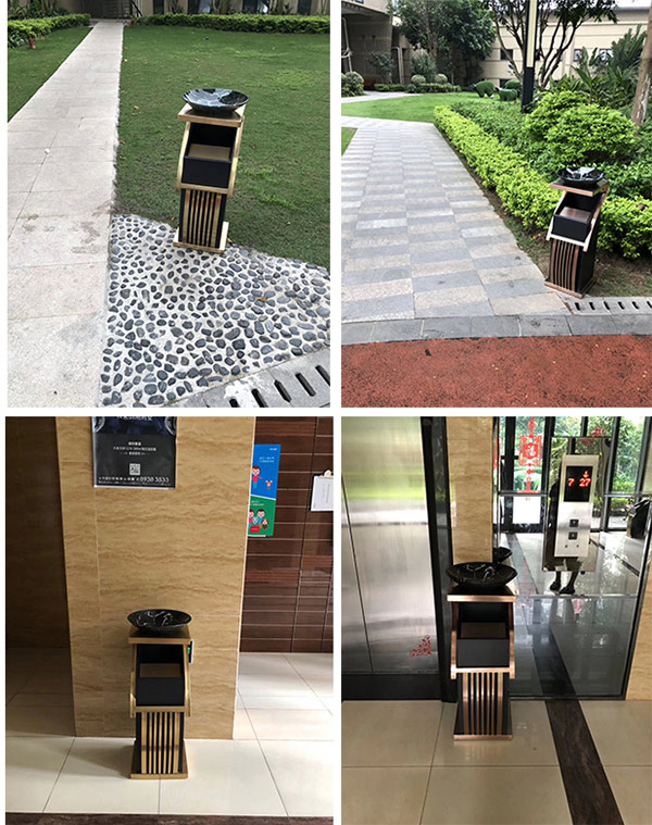 Thùng rác sảnh viền vàng khay gạt tàn thủy tinh