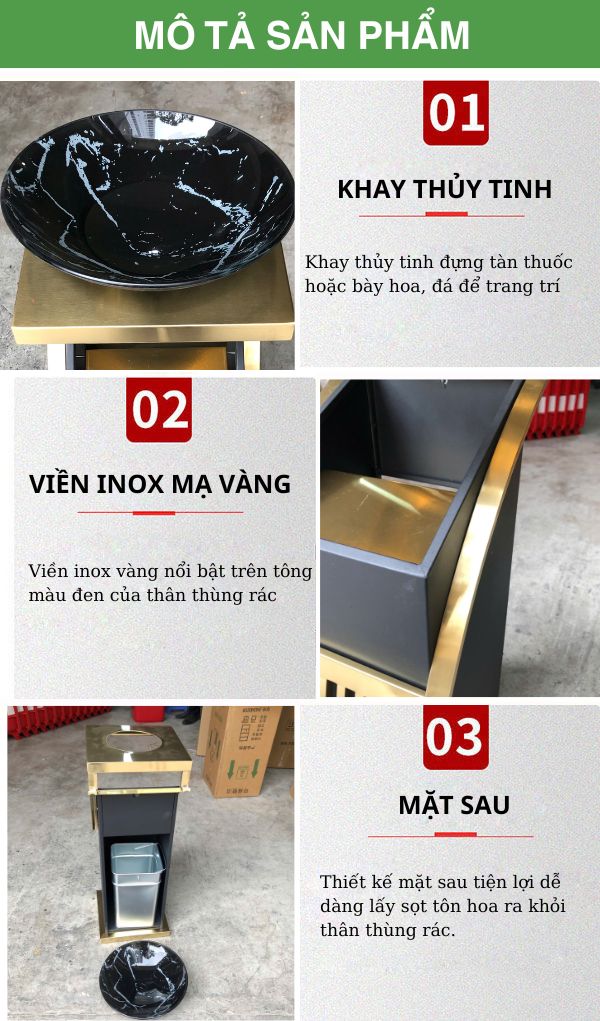Thùng rác sảnh viền vàng khay gạt tàn thủy tinh