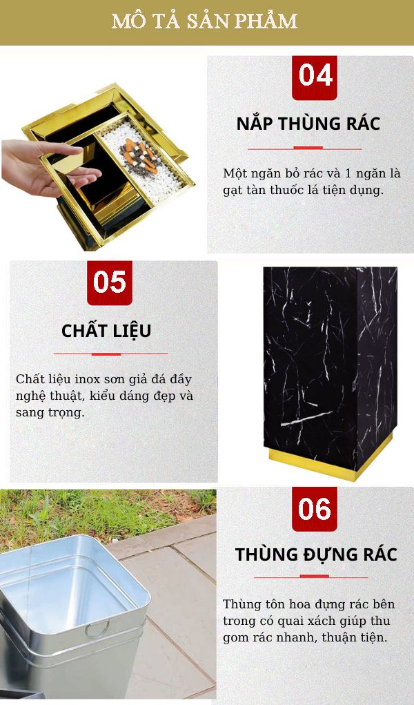 Chi tiết thiết kế thùng rác gạt tàn giả vân đá