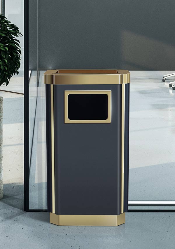 Mẫu thùng rác bằng thép tông màu đen, viền vàng cực sang trọng