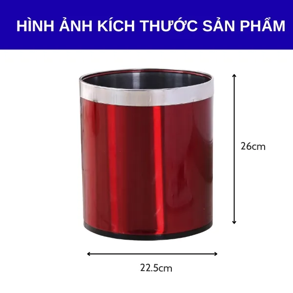 Kích thước thùng rác thép đỏ viền inox không nắp