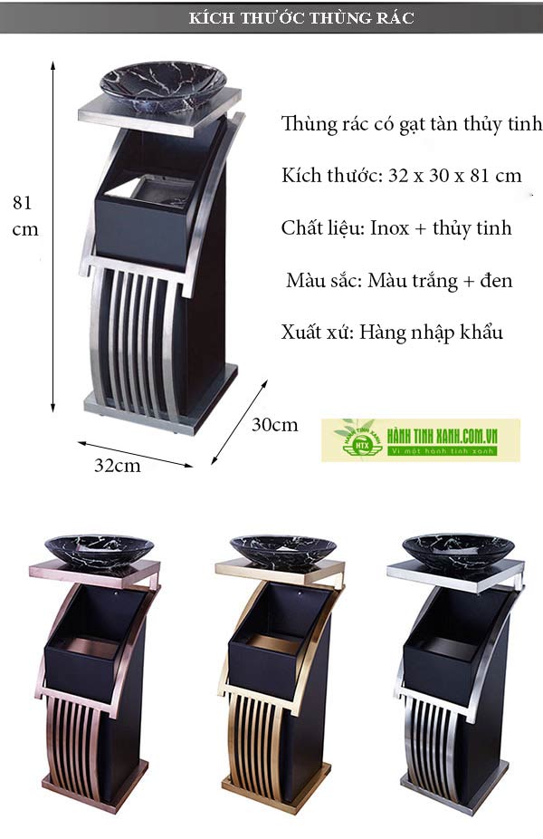 Thông số kích thước thùng rác thép phun sơn tĩnh điện kết hợp inox, đá