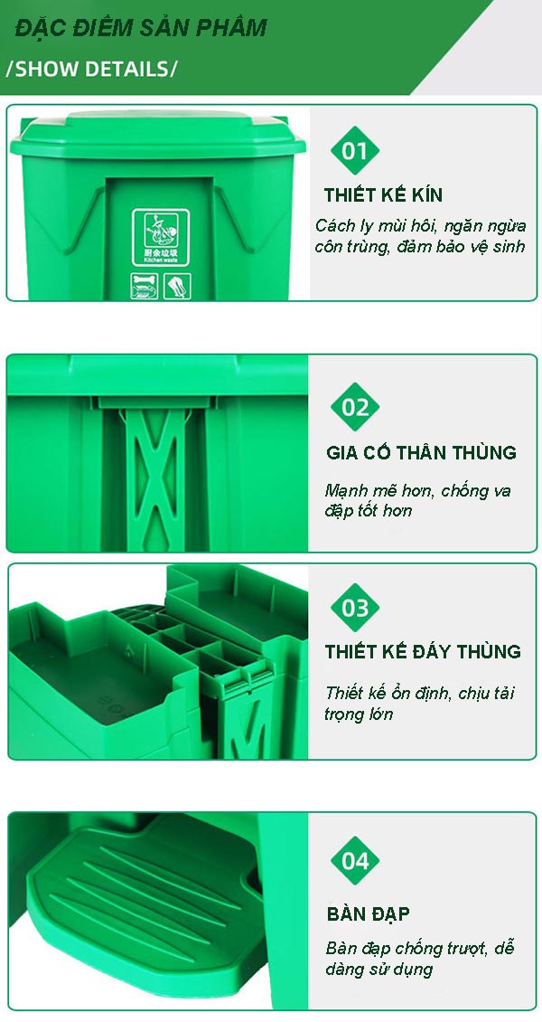 Các chi tiết cấu thành thùng đựng rác bằng nhựa đạp chân