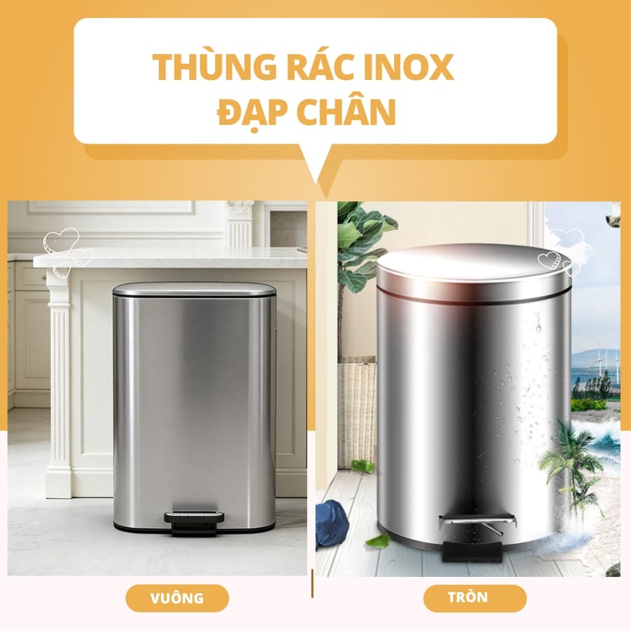 Thùng rác inox đạp chân tròn và vuông
