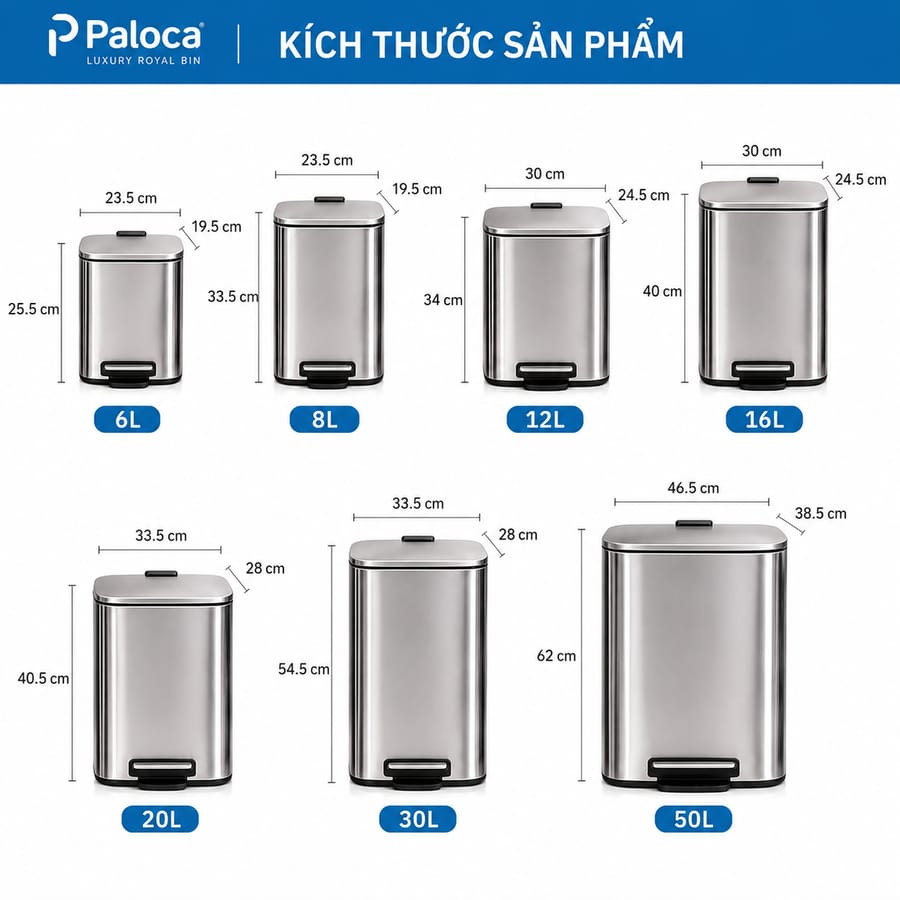 Tham khảo kích thước và dung tích thùng rác đạp chân bằng inox cao cấp