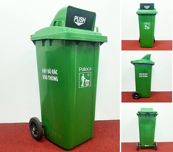 Hình ảnh thật của thùng rác nhựa 120 lít nắp đẩy màu xanh lá